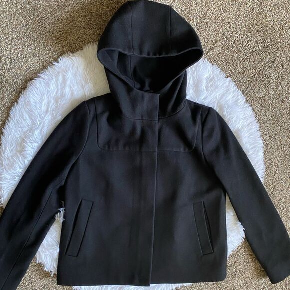 J. Crew Melton Wool Coat Black Hooded Zip Front Womens Size 4P - Picture 8 of 10